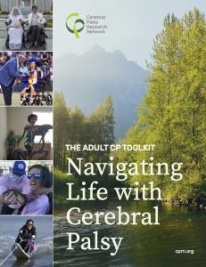 The Adult CP Toolkit cover with a flowing tree-lined river and photos of adults with CP down the left side.
