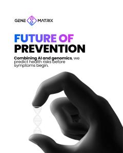 Black silhouette hands holding glowing DNA double helix against white background, symbolizing GeneMatrix AI's predictive genomics technology for preventive healthcare