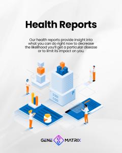 Isometric illustration of healthcare professionals analyzing data on tablets and mobile devices, showcasing GeneMatrix AI's health reporting platform with data visualization elements