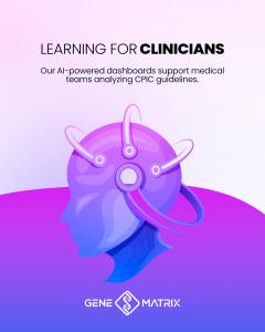 Purple gradient illustration showing AI-powered clinical learning platform with head silhouette containing atomic orbital rings, representing GeneMatrix AI's clinical decision support system