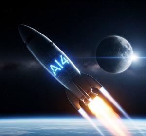 Rocket emblazoned with AI4 neon on side soaring over earth with moon then sun in background