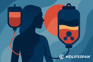 Image of a silhouette of a female patient next to a IV bag of plasma.