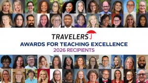 Headshots of all 48 educators receiving the 2026 Travelers Awards for Teaching Excellence surround the Travelers logo and a banner that reads "Awards for Teaching Excellence 2026 Recipients"