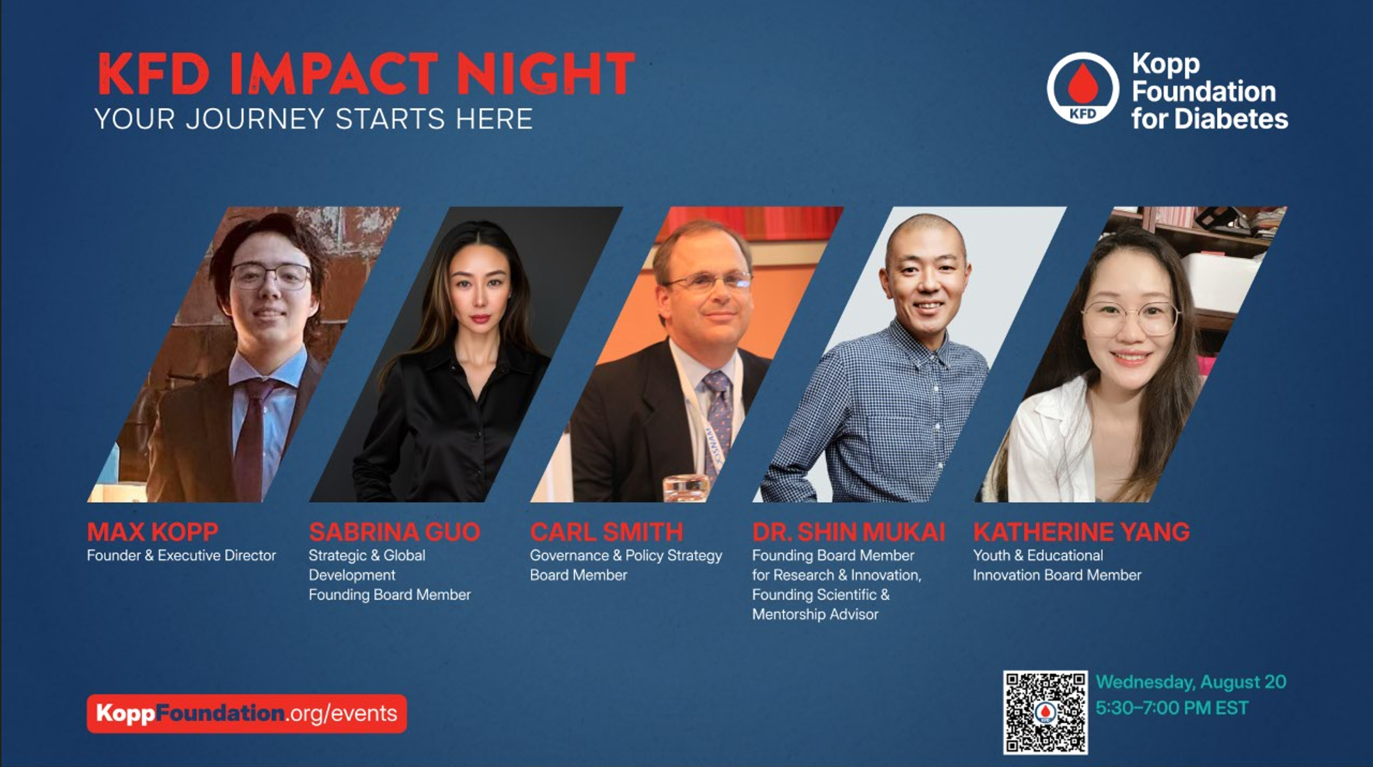 Group photo of the Kopp Foundation for Diabetes Impact Night event, featuring board directors, executive leaders, and student volunteers united to advance youth-led innovation in Type 1 Diabetes care.