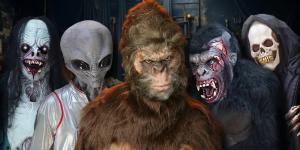 Group of professional Halloween costumes from The Horror Dome’s 2025 collection, including a zombie ghost, classic gray alien, Bigfoot, zombie gorilla, and skull-faced reaper. Each costume is crafted for haunted houses, stage productions, and immersive Ha