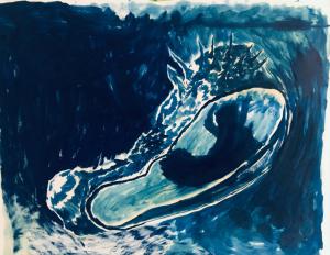 Ocean landscape in shades of blue, depicting a surfer riding the wave.