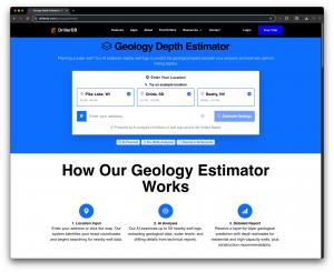 Image showing DrillerDB's geology estimator homepage, allowing users to choose options and enter an address.