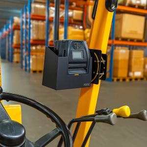 Portable Zebra Label Printer Holder mounted on a forklift pillar