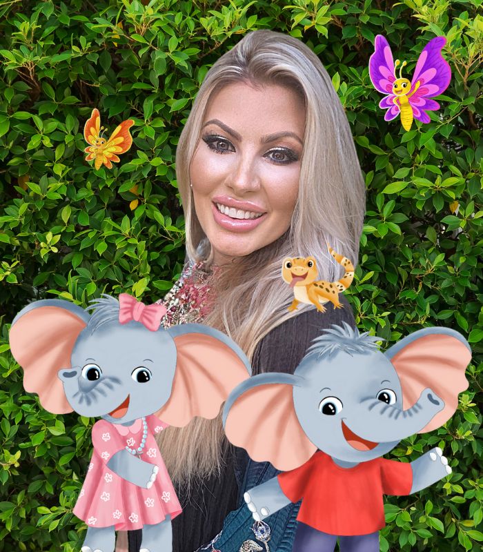 Photo of the author, Dr. Kara von Dresner, with elephant cartoon characters Ellalee and Elliston