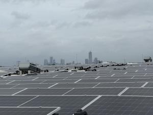 Rows of solar panels on the Austin Lighthouse rooftop with the downtown Austin skyline in the distance, part of the nonprofit’s new 1 MW solar energy system.