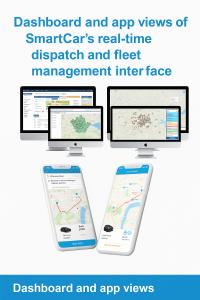 Interface of SmartCar showing dispatch dashboard, booking system, and mobile apps for drivers and passengers.