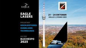 Eagle Lasers präsentiert Hochleistungs-Faserlaser-Technologie auf der Blechexpo 2025 in Stuttgart, Halle 5, Stand 5303. Hintergrund mit Fernsehturm Stuttgart und Herbstlandschaft
