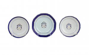 The John Brown group of Chinese Export armorial table articles, 18th/19th century, with family monograms, "JB" for John Brown. Small plates, small bowls and fruit bowls. 30 pieces total. Estimate: $800-$1,200