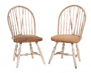 The John Brown pair of white painted bow-back brace-back upholstered Windsor side chairs, made by James and William Ash, New York, circa 1790. Estimate: $3,000-$5,000