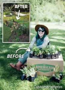Side-by-side photo of Kayla smiling with her garden kit and the vibrant, fully planted garden she created using American Meadows’ Pre-Planned Garden, showing a successful transformation from planning to bloom.