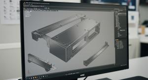 CAD view of a sheet-metal enclosure in an exploded layout with detailed edges