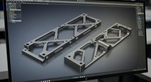 CAD screen showing a rendered aluminum bracket with cutouts and fastener holes
