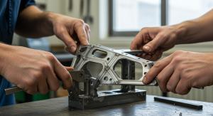 Close-up of hands assembling a precision-machined metal frame on a workbench