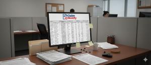 A computer monitor displays a report with the ClaimNotify logo positioned above it. The screen shows a table of data, including counties, dormant periods, last activity dates, asset types, and total values. The monitor sits on a wooden desk with various p