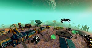 Early colony overview with connected base modules, power and solar arrays, storage units, a landing pad, a ground vehicle, and a small ship departing into a turquoise sky.