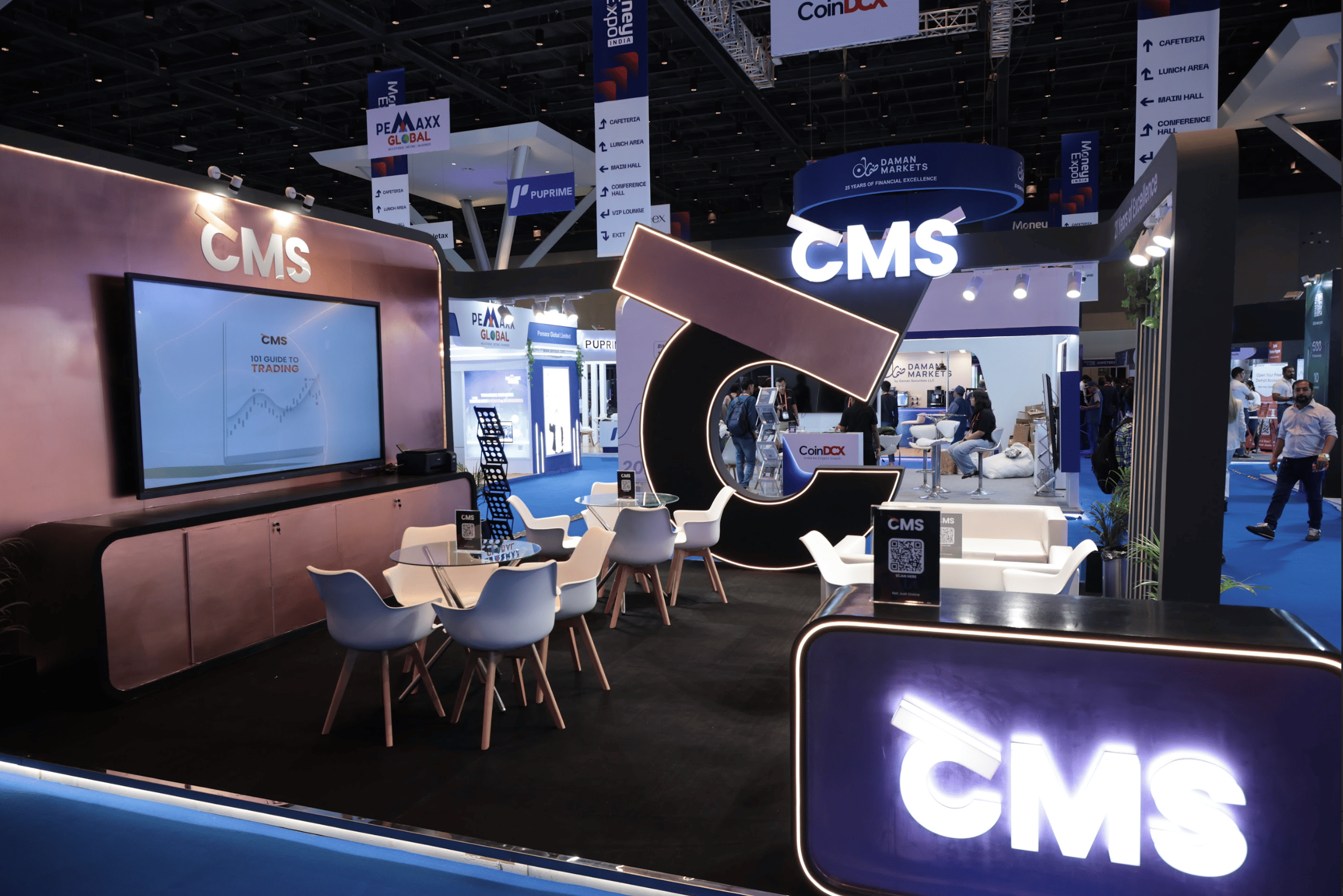 The sleek and modern CMS Prime Booth #3 at Money Expo India 2025, designed to reflect 21 years of excellence and innovation in global trading.