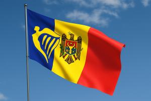 Flag featuring Moldova’s national emblem and Ryanair logo with handshake symbolizing partnership, low-cost flights, and foreign investment in Moldova’s future.