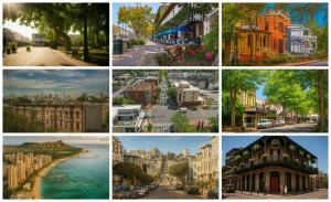 A collection of charming U.S. cityscapes, from historic neighborhoods and tree-lined streets to iconic skylines and coastal views.