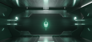 Cympire helmet logo on a futuristic door background