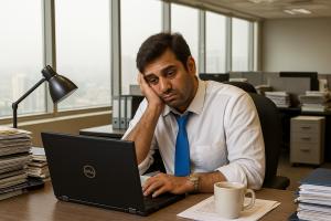 Tired office worker in a white shirt and blue tie sitting at a desk, resting his head on his hand while looking at a laptop, with a coffee mug and paperwork nearby