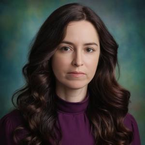 Professional headshot of Nicole Garcia, host of the Unlearn the Trauma podcast, wearing a purple blouse against a studio background.