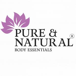 Pure &Natural Body Essentials logo, purple lotus flower over black lettering