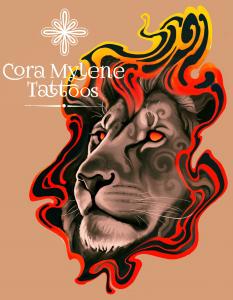 Lion tattoo artwork with fiery red, orange, and yellow abstract mane, created by Austin tattoo artist Cora Mylene.
