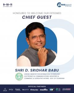 Shri D. Sridhar Babu, Hon’ble Minister for Information Technology, Electronics & Communications, Industries & Commerce, and Legislative Affairs, Government of Telangana, as the Chief Guest at the RWEsearch and Health Innovation Summit 2025, hosted by Healthark