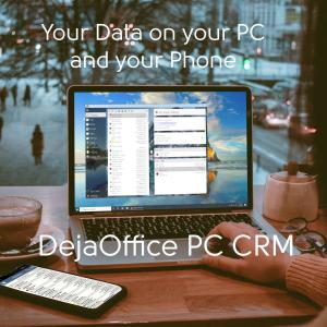 DejaOffice PC CRM on a laptop in a cafe
