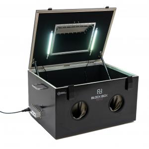 An open black box featuring two lights, a plug, and an area to insert hands with gloves to securely analyze mobile devices while blocking wireless signals.
