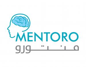 The official logo for Mentoro, featuring a blue icon of a brain inside a human head silhouette, with the name "MENTORO" in blue text and its Arabic translation "منتورو" in grey text below.