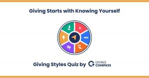 Colorful wheel graphic representing six giving styles with the text ‘Giving Starts with Knowing Yourself’ and logo of Giving Compass.