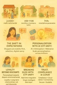An illustrated infographic showing key characteristics of the Philippine retail market, including mall density, e-commerce growth, and smartphone penetration. The infographic also highlights modern retail trends like personalization with AI, customer loya