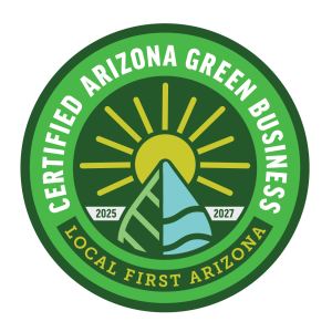 Circular logo showing Arizona Green Business Certification with a sun, a leaf and Local First Arizona
