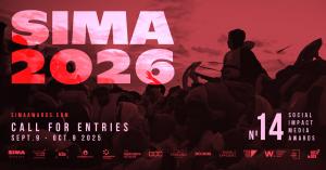 Poster for the SIMA 2026 Social Impact Media Awards. Large bold text reads “SIMA 2026” over a red-toned background image of silhouetted people gathered together, some raising their hands. At the bottom, text reads: “SIMAawards.com – Call for Entries, Sept