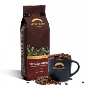 Bag of Kona Earth Coffee with cup and beans