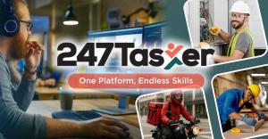 Banner image for 247Tasker showing a remote coder, an electrician, a carpenter, and a delivery rider with the tagline “One Platform, Endless Skills.