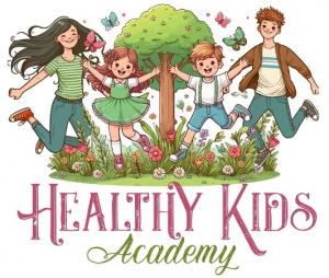 Illustration of children and parents joyfully holding hands in nature, symbolizing the Healthy Kids Academy holistic education program.