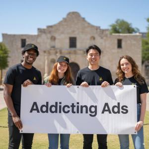A group of Addicting Ads interns holding a sign which reads "Addicting Ads" they are standing outside holding a white sign.