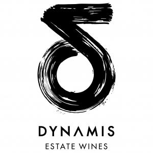 Black delta logo in a paintbrush swash style, with text "Dynamis Estate Wines".