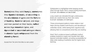 An excerpt from Jack London’s The Call of the Wild displayed with Noah Text® scaffolding. Bolded syllables and underscored vowels show how Decode Mode™ highlights phonological patterns. Callouts explain syllabication, long vowels, and evidence-based metho