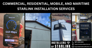 Collage of Starlink installs in the United States—speed test, wall-mount, non-penetrating roof mount on metal, and Flat High Performance power supply/router on a commercial switch board; company logo visible.