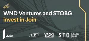 This image has the text, "STOBG and WND Ventures invest in join," along with the logos for Join, DPR Construction, WND Ventures (the venture arm of DPR), and STO Building Group. It also has an emoji of bursting confetti.