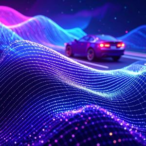 A car driving in the background with data floating in the foreground.