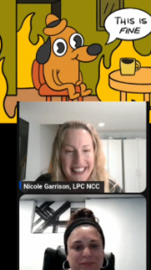 An image of a comic that reads 'This is fine' is shown alongside the four video call participants: Jonesy, Nicole Garrison, Jess, and Christina.